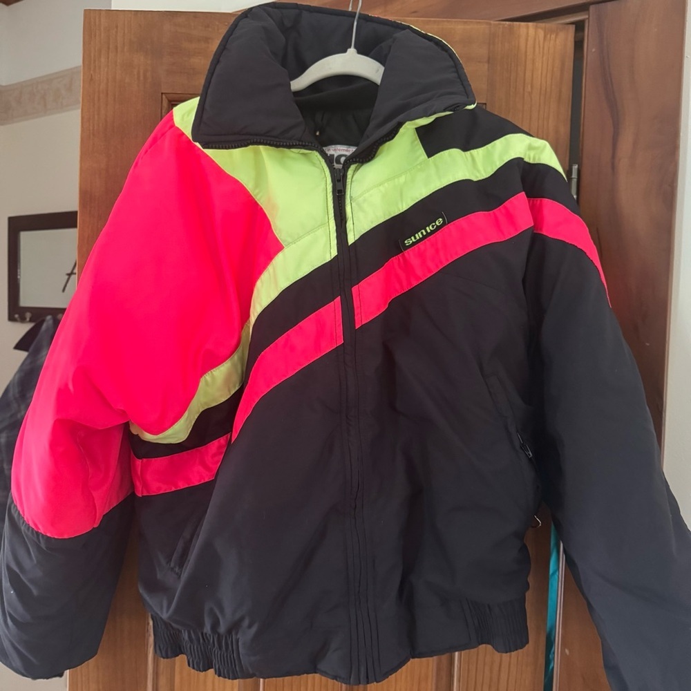 Vintage 80’s Sun Ice Ski Jacket Puffer Coat Men’s 40 Retro Neon Black Lime Heavy